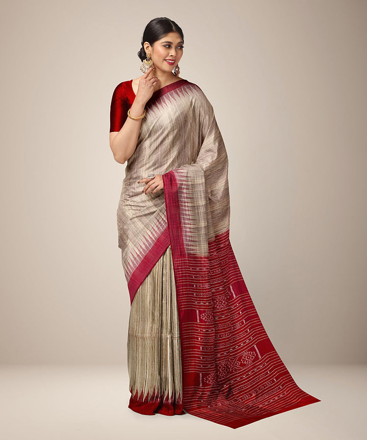 Beige red gopalpur tussar silk handwoven saree