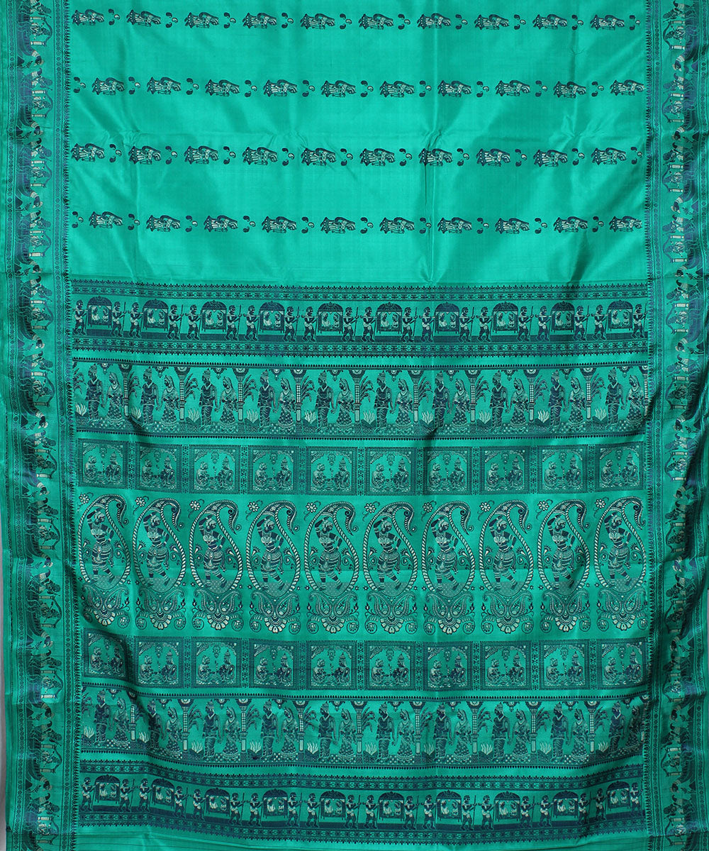 Cyan green handwoven silk baluchari saree