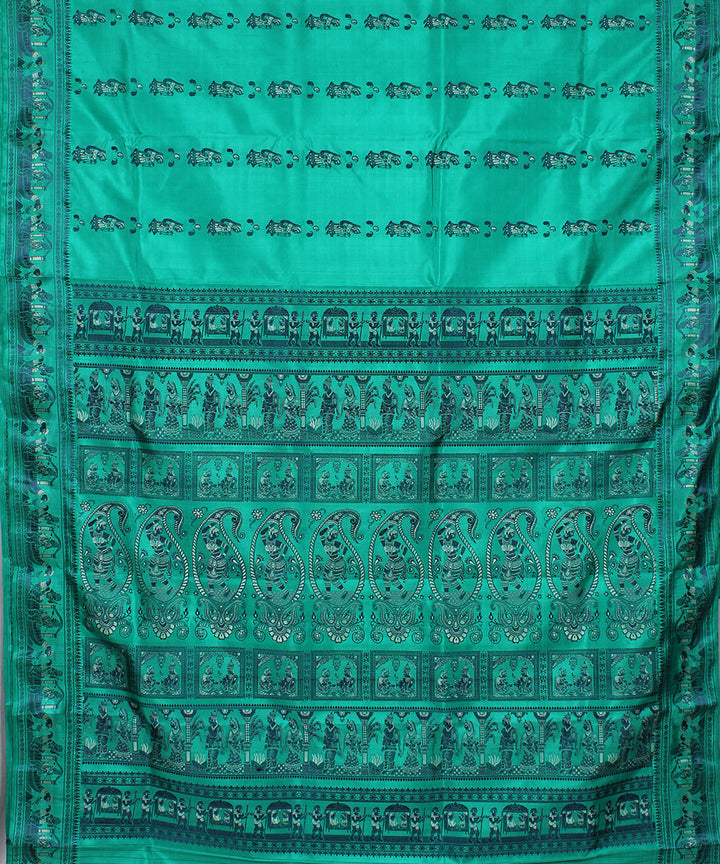Cyan green handwoven silk baluchari saree