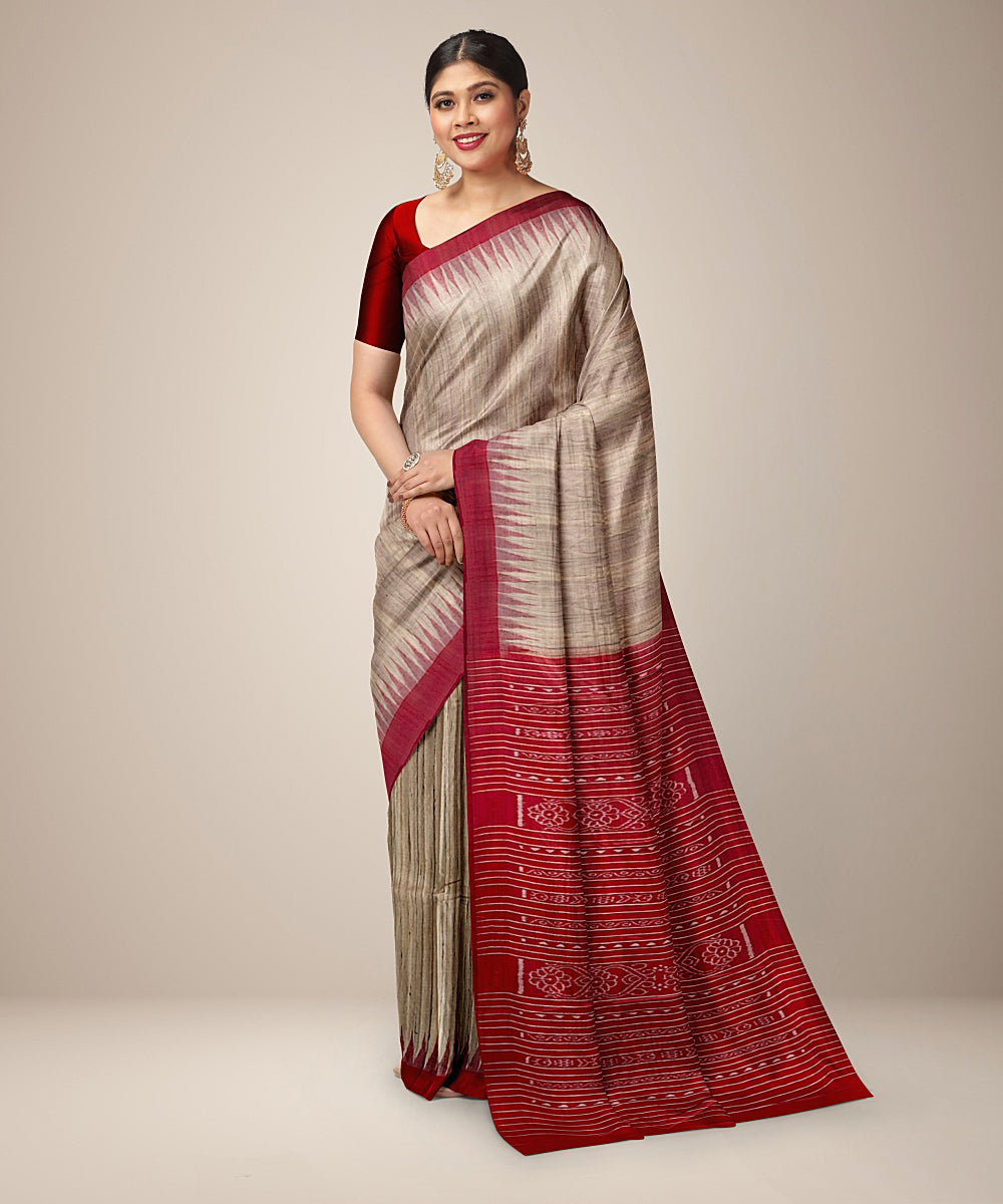 Beige red gopalpur tussar silk handwoven saree