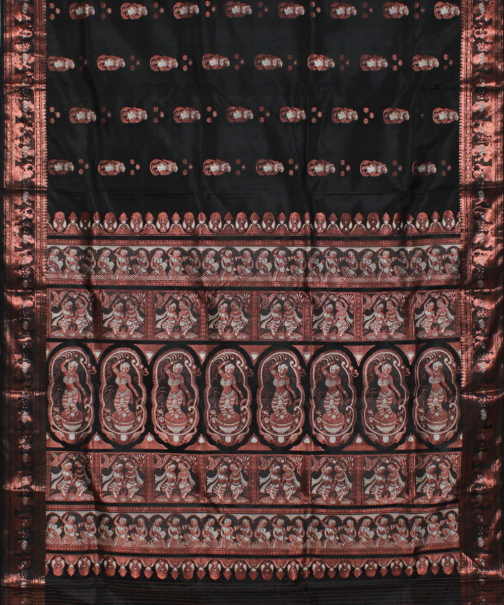 Black with copper zari motifs handwoven silk baluchari saree