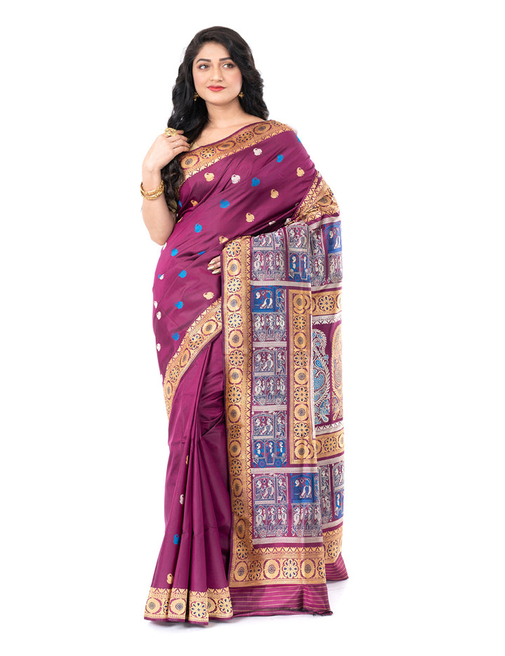 Purple maroon handwoven malda silk swarnachari baluchari saree