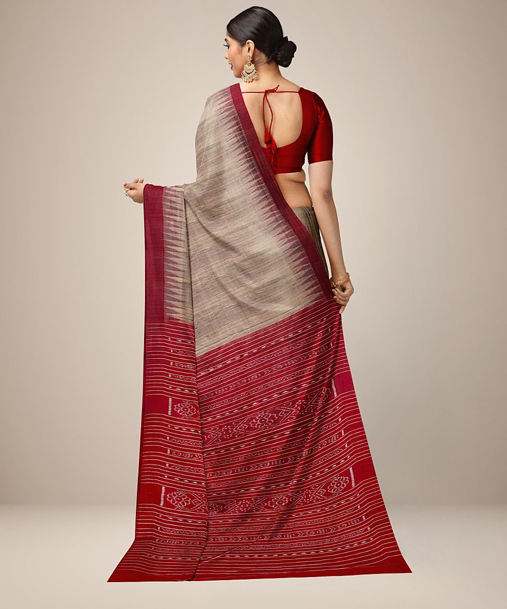 Beige red gopalpur tussar silk handwoven saree