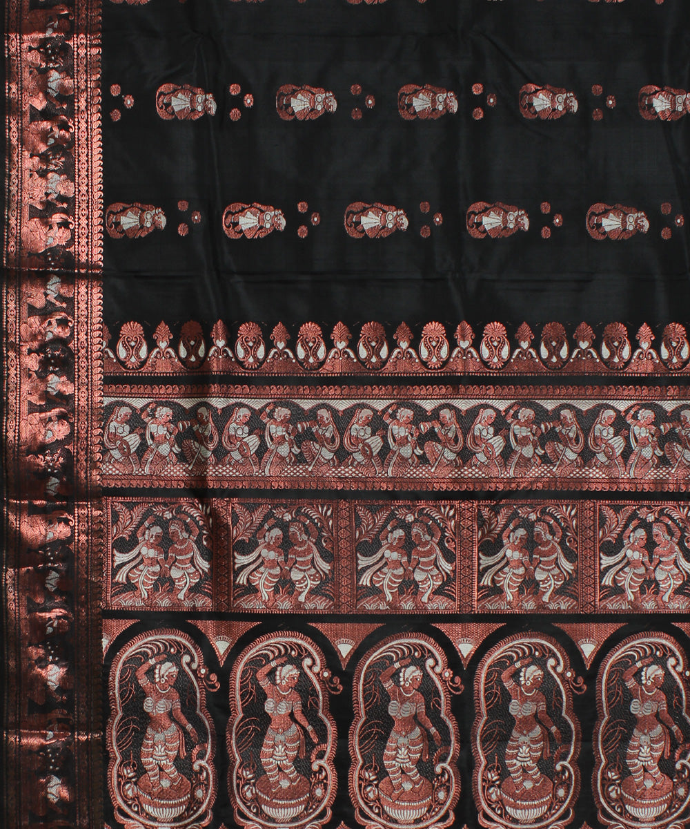 Black with copper zari motifs handwoven silk baluchari saree