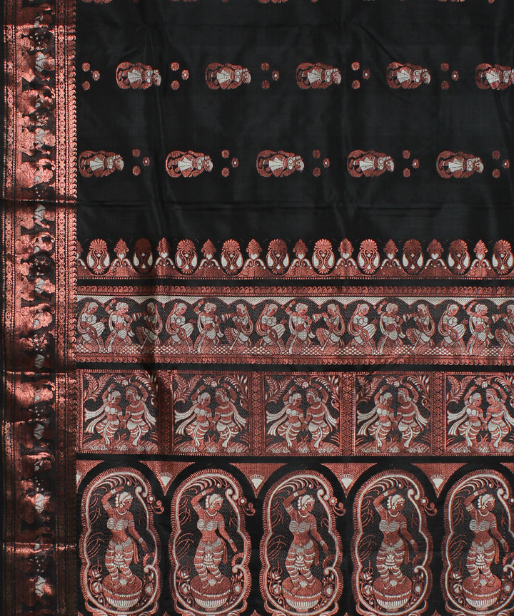 Black with copper zari motifs handwoven silk baluchari saree