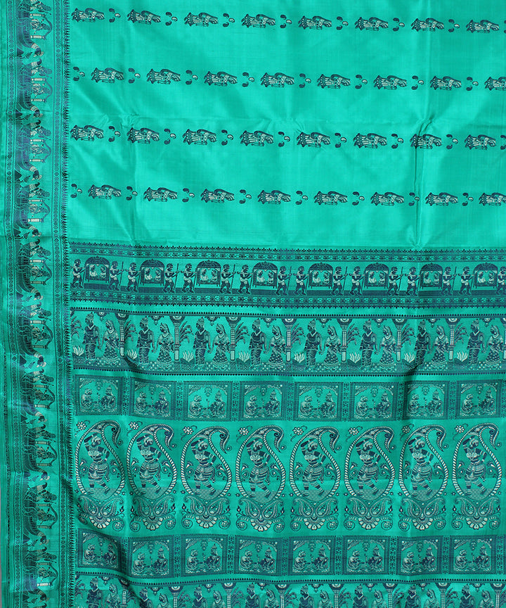 Cyan green handwoven silk baluchari saree