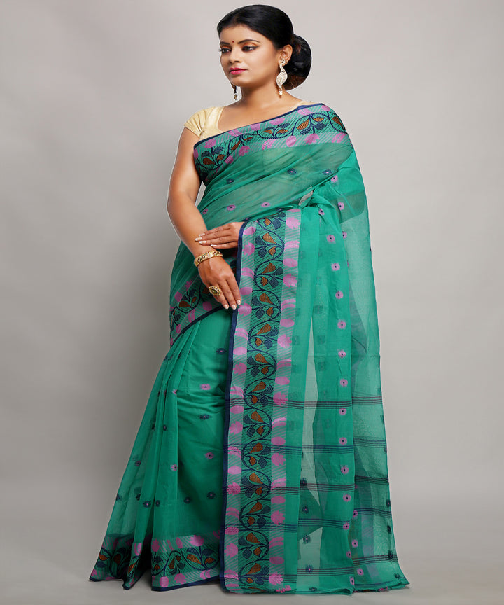 Cyan green handwoven tangail tant cotton bengal saree