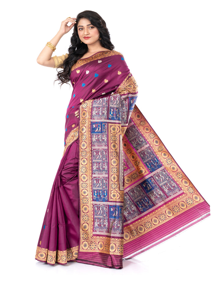 Purple maroon handwoven malda silk swarnachari baluchari saree