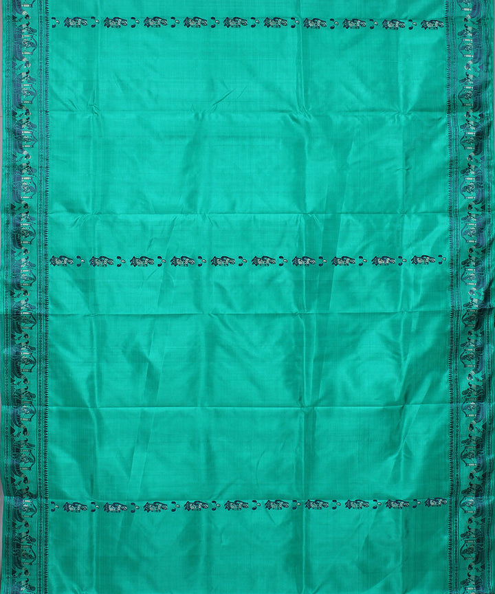 Cyan green handwoven silk baluchari saree