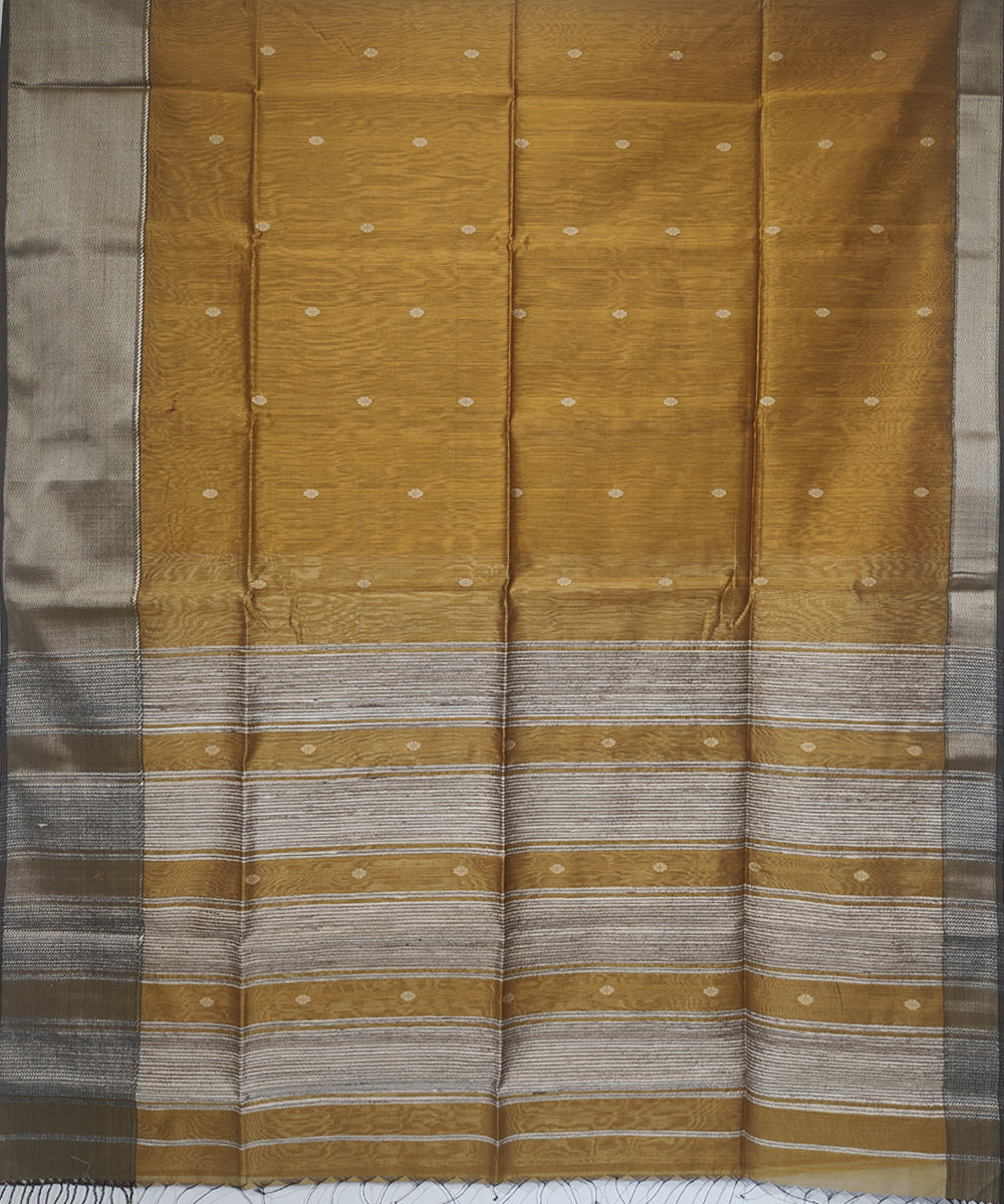 Mustard grey handwoven cotton silk maheshwari saree