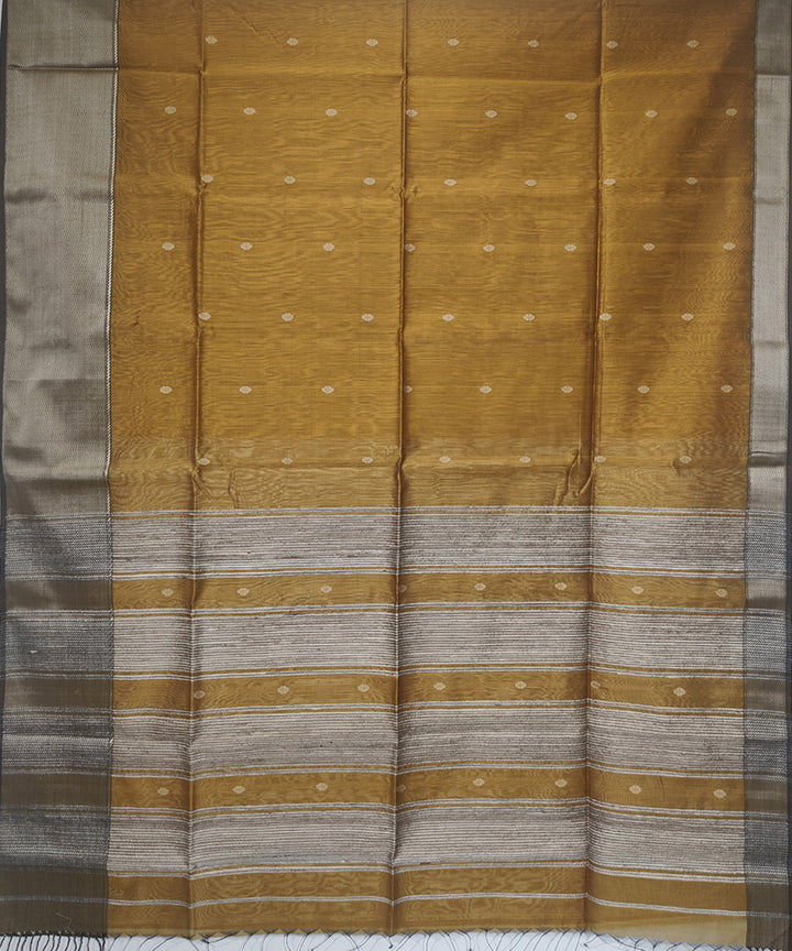 Mustard grey handwoven cotton silk maheshwari saree