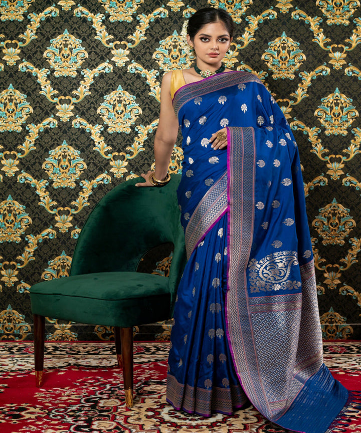 Navy blue handloom silk kadua booti banarasi saree