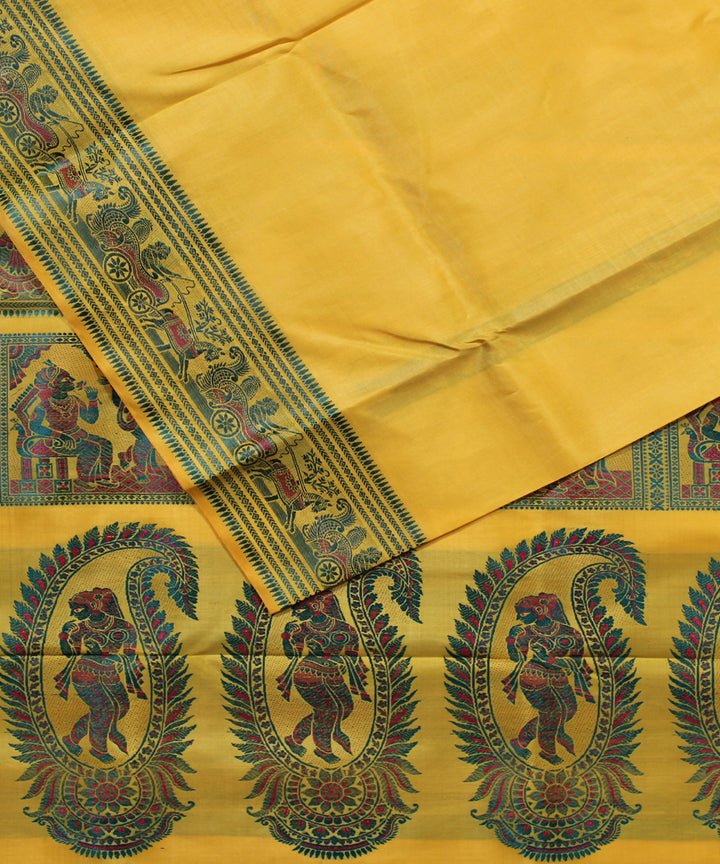 Bright yellow handwoven silk baluchari saree