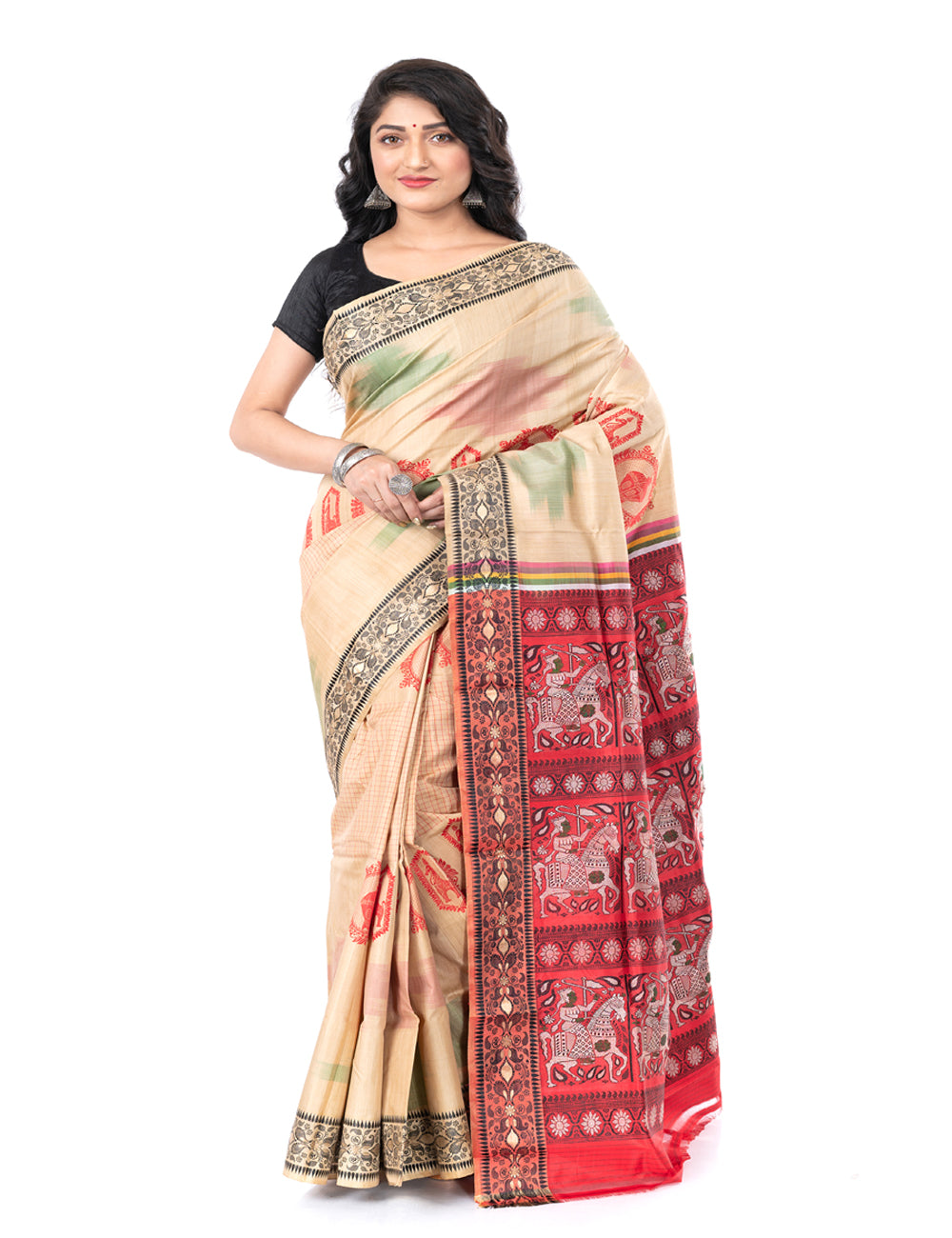 Cream handwoven malda silk swarnachari baluchari saree