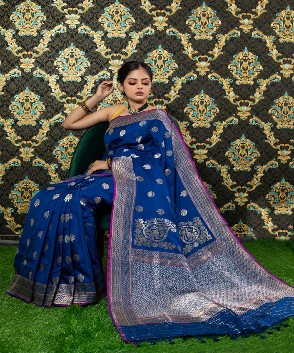 Navy blue handloom silk kadua booti banarasi saree
