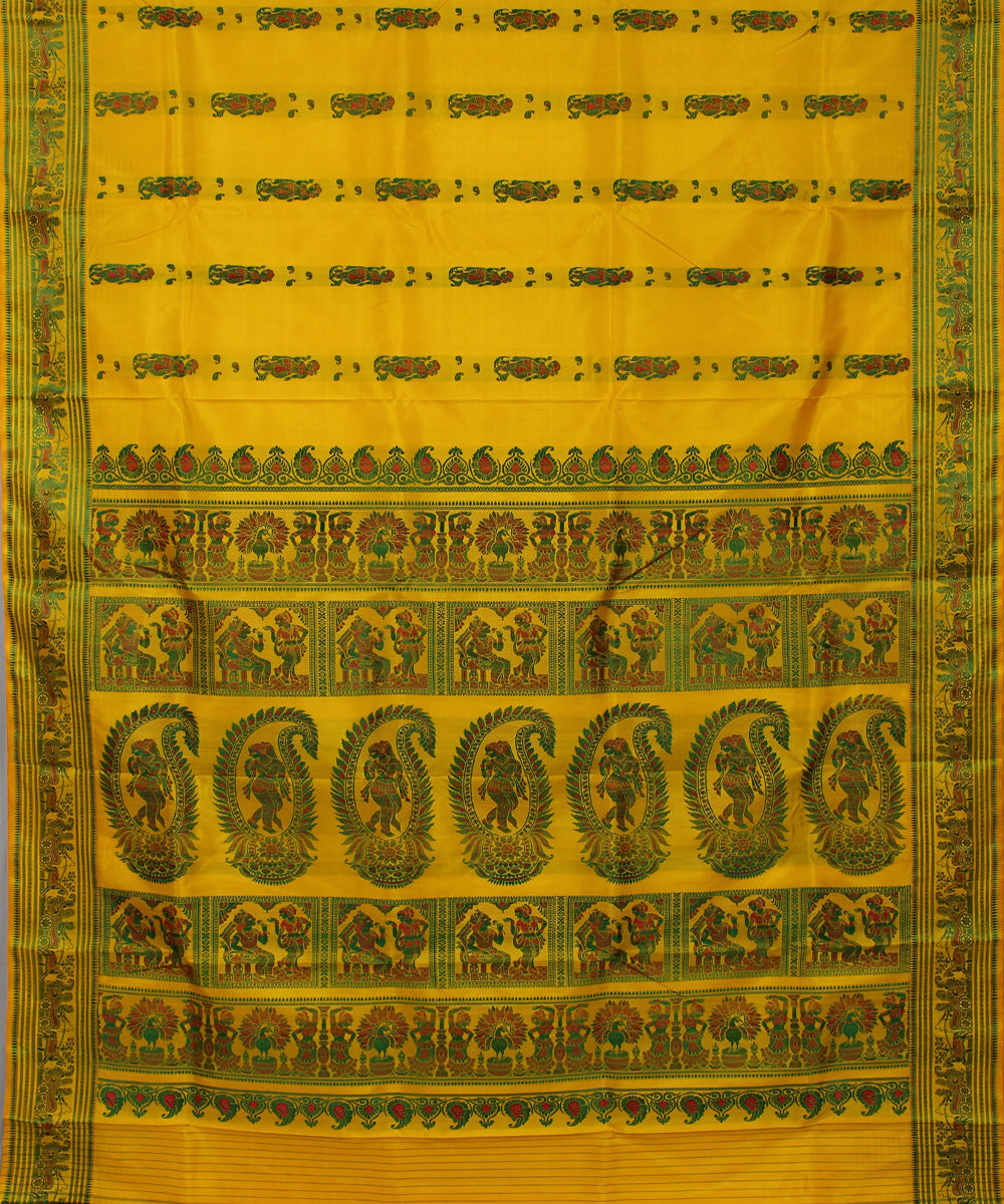 Bright yellow handwoven silk baluchari saree