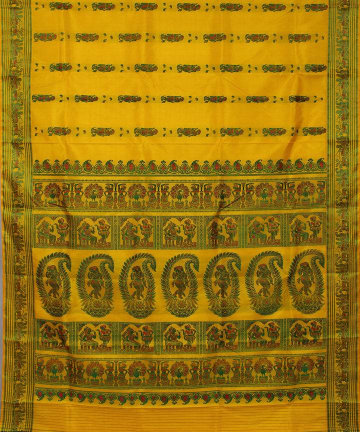 Bright yellow handwoven silk baluchari saree