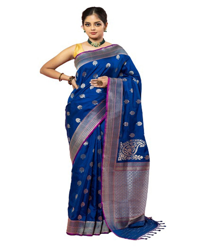 Navy blue handloom silk kadua booti banarasi saree