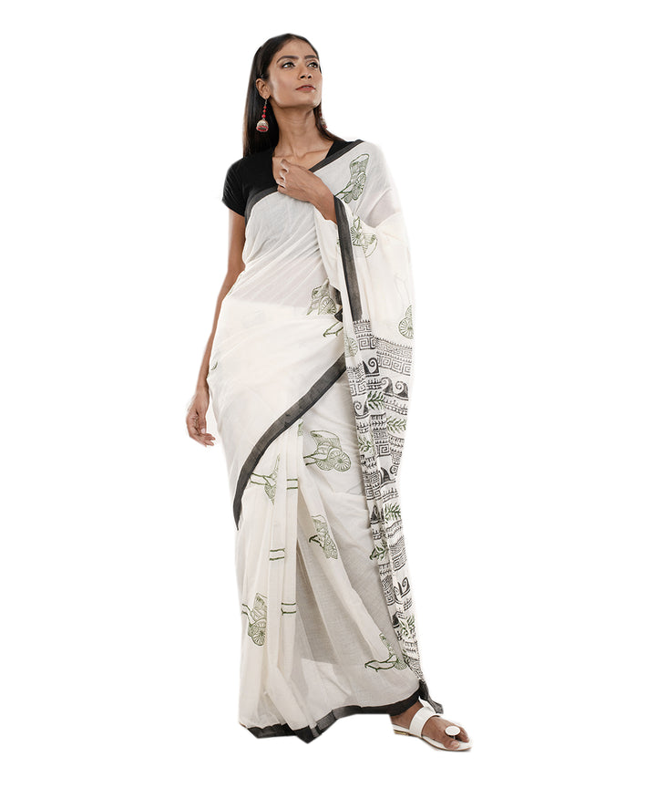 White black handblock printed bengal cotton saree