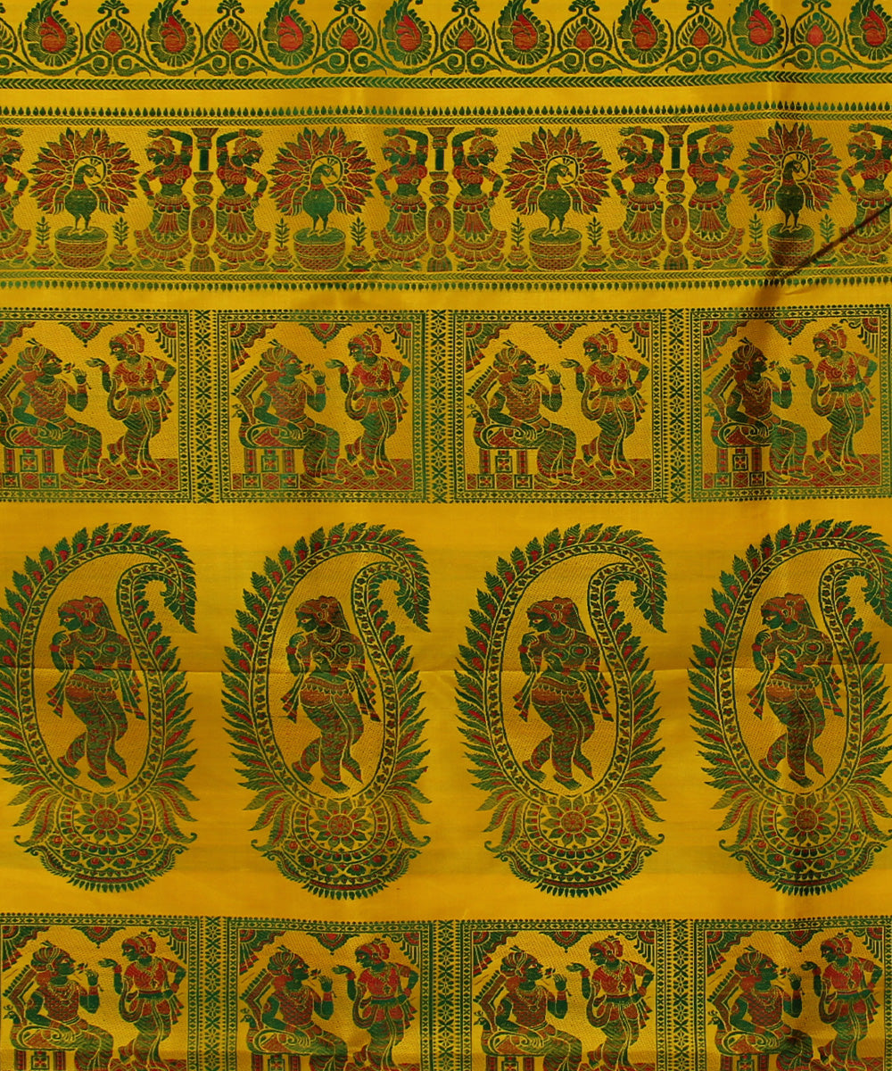Bright yellow handwoven silk baluchari saree