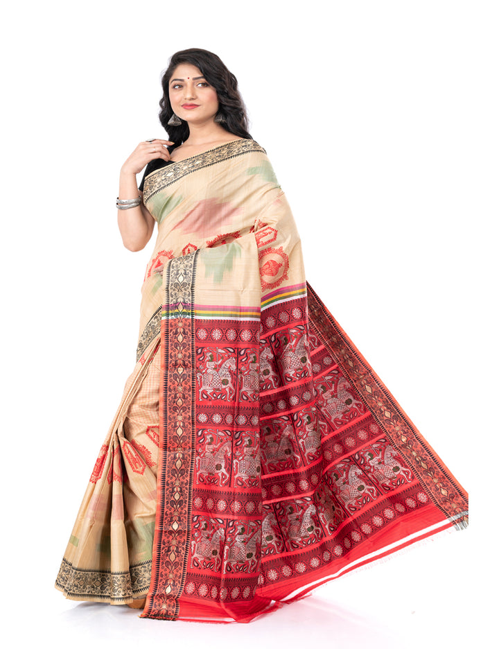 Cream handwoven malda silk swarnachari baluchari saree