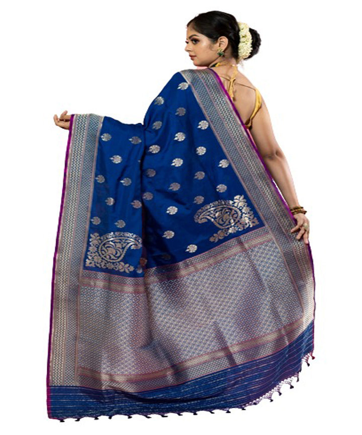Navy blue handloom silk kadua booti banarasi saree