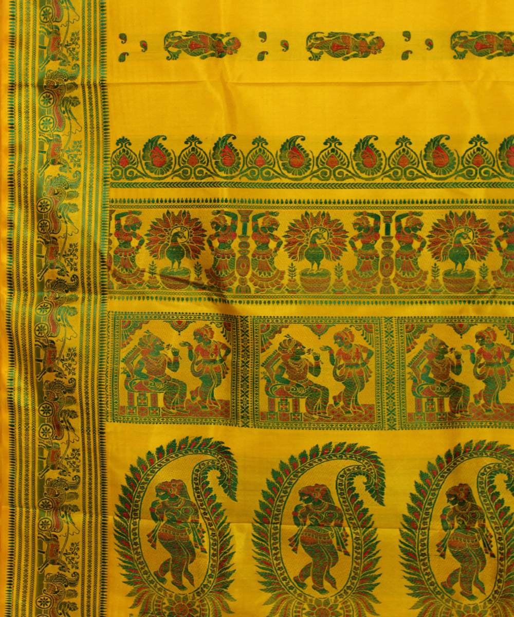 Bright yellow handwoven silk baluchari saree