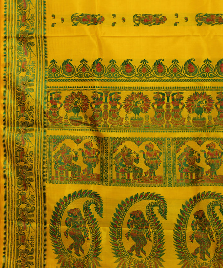 Bright yellow handwoven silk baluchari saree
