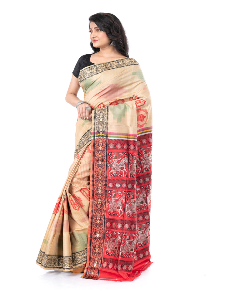 Cream handwoven malda silk swarnachari baluchari saree