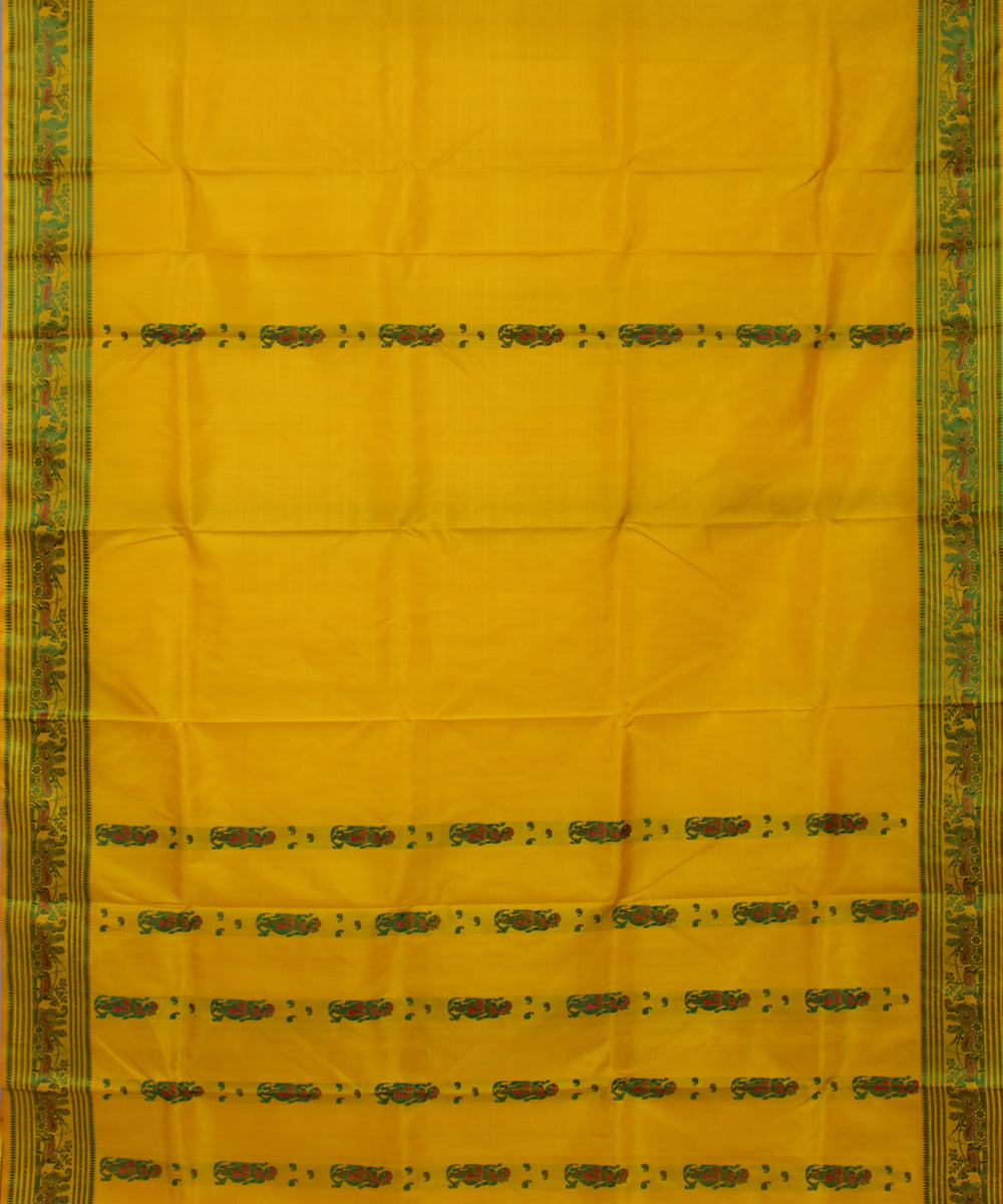 Bright yellow handwoven silk baluchari saree