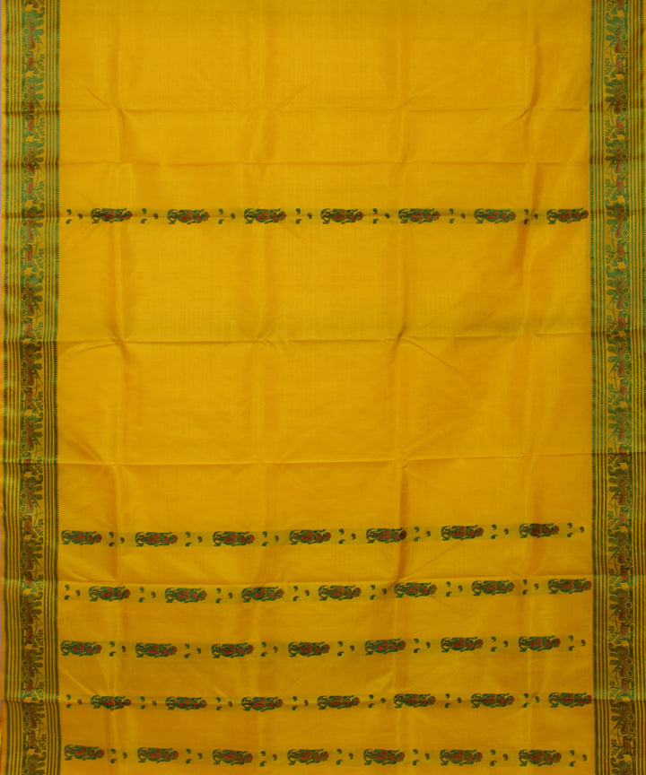 Bright yellow handwoven silk baluchari saree