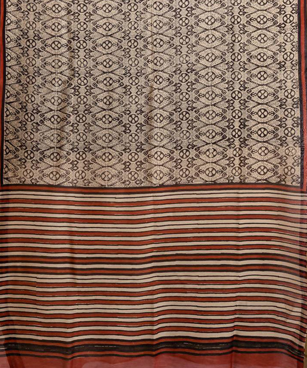 Grey hand block printed chanderi cotton silk ghiccha saree