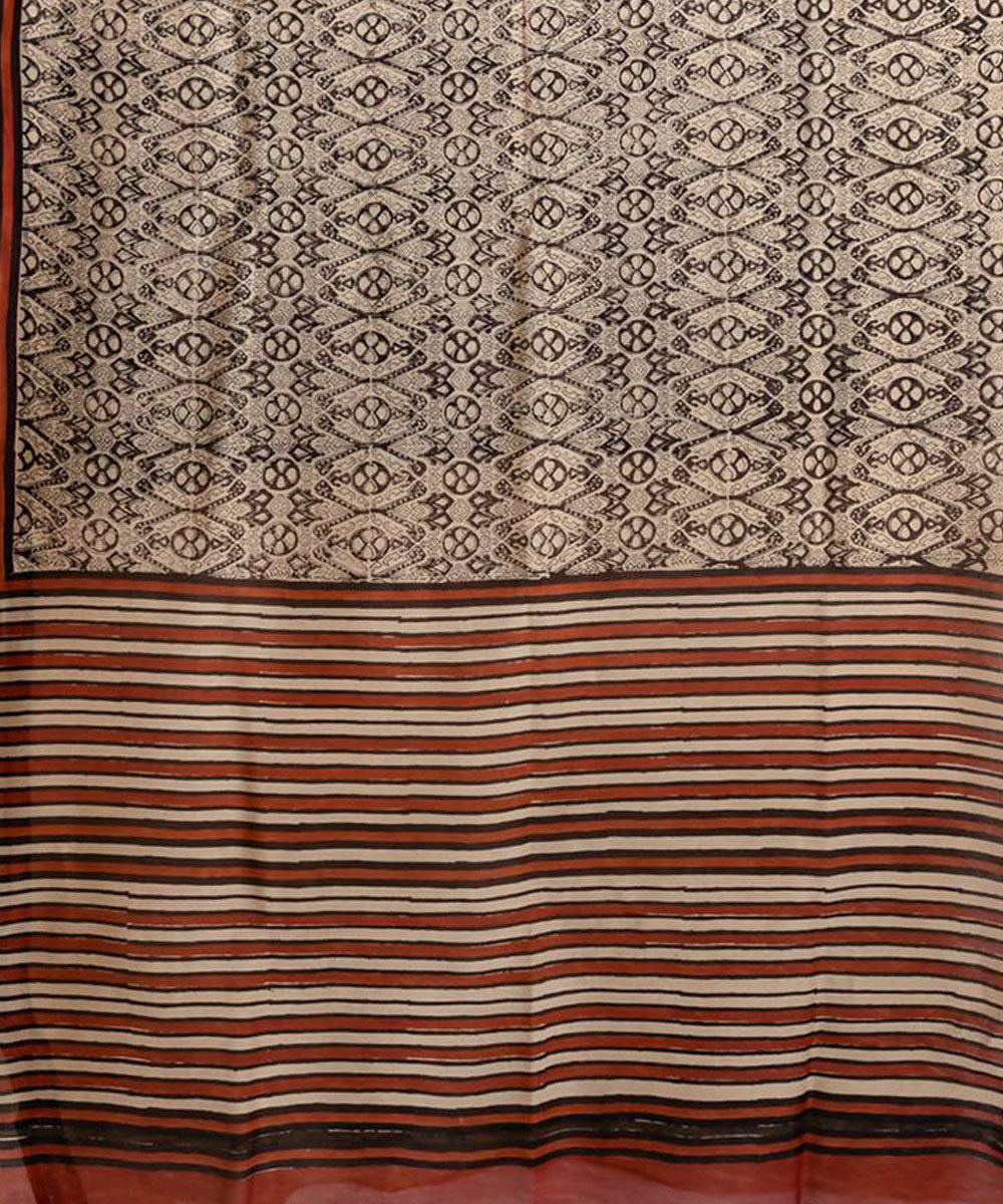 Grey hand block printed chanderi cotton silk ghiccha saree