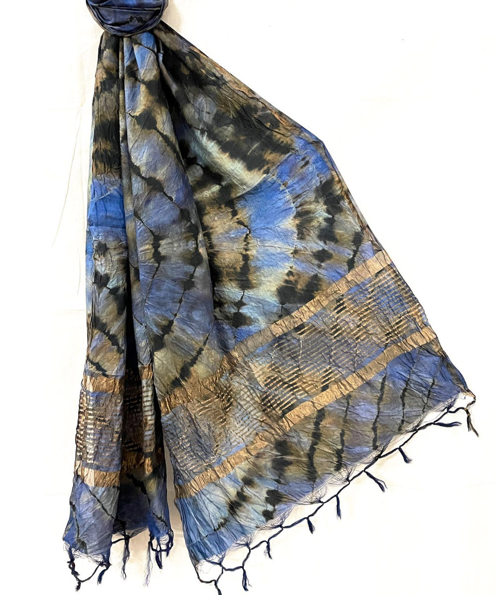 Ultramarine blue black handwoven tie dye tussar silk stole