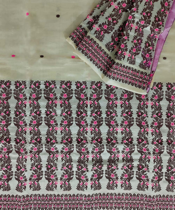 White black raw silk handwoven assam mekhela chador