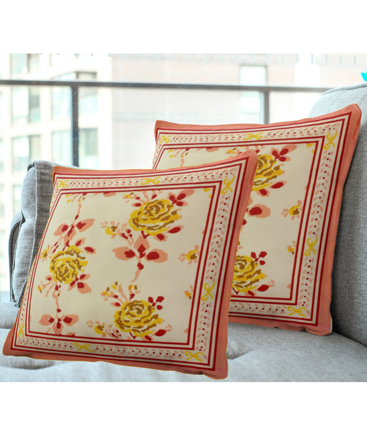 Yellow rose handblock printed cushion cover set of 2