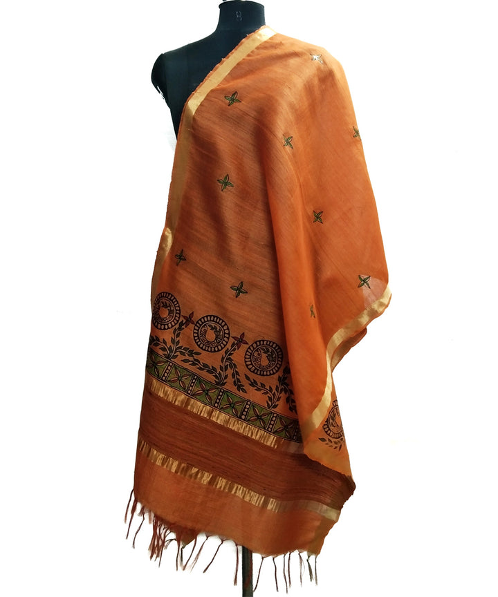 Godana art hand painted golden orange silk dupatta