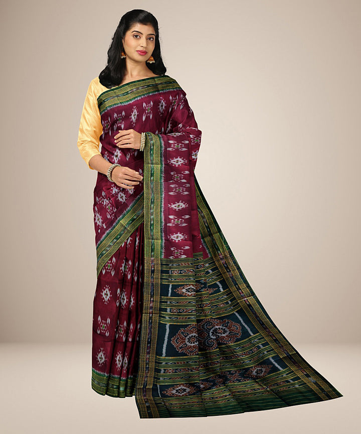 Maroon green silk handwoven khandua saree