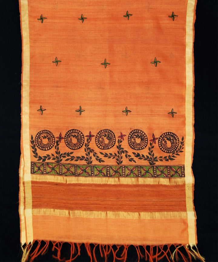 Godana art hand painted golden orange silk dupatta