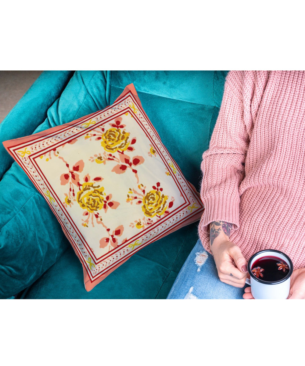 Yellow rose handblock printed cushion cover set of 2