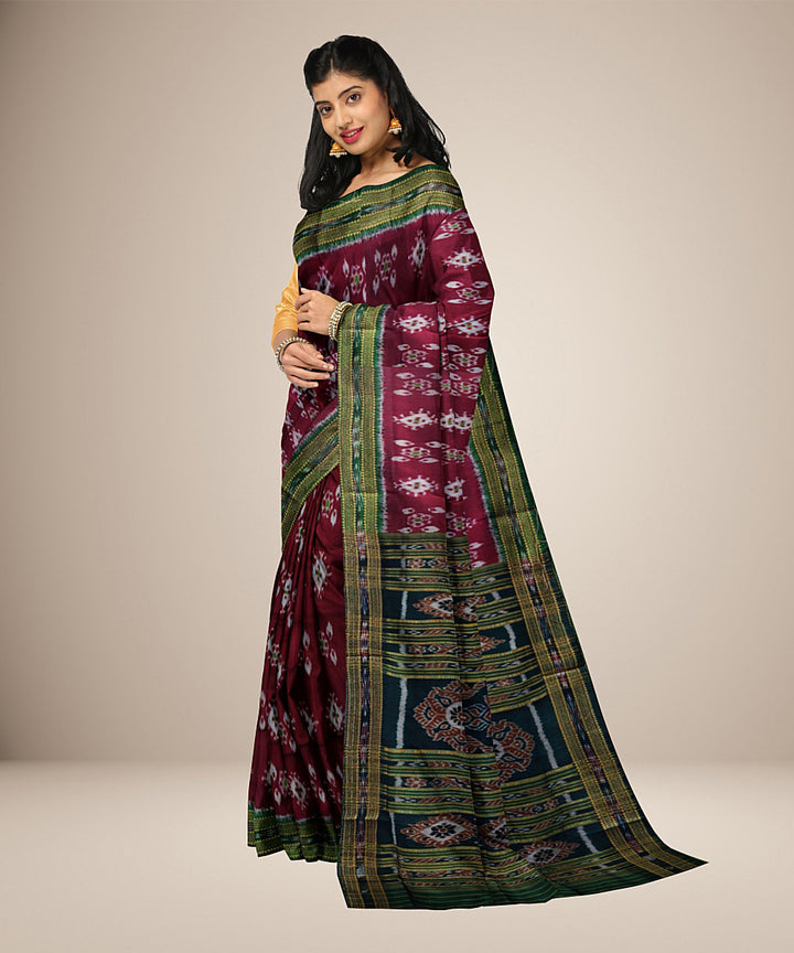 Maroon green silk handwoven khandua saree