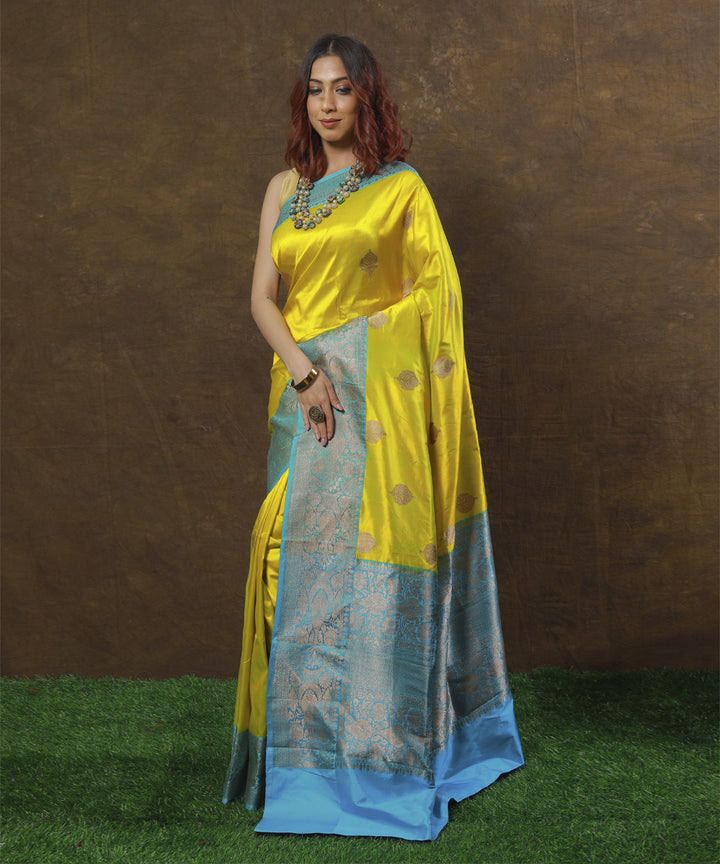 Lemon yellow and blue silk handloom banarasi saree