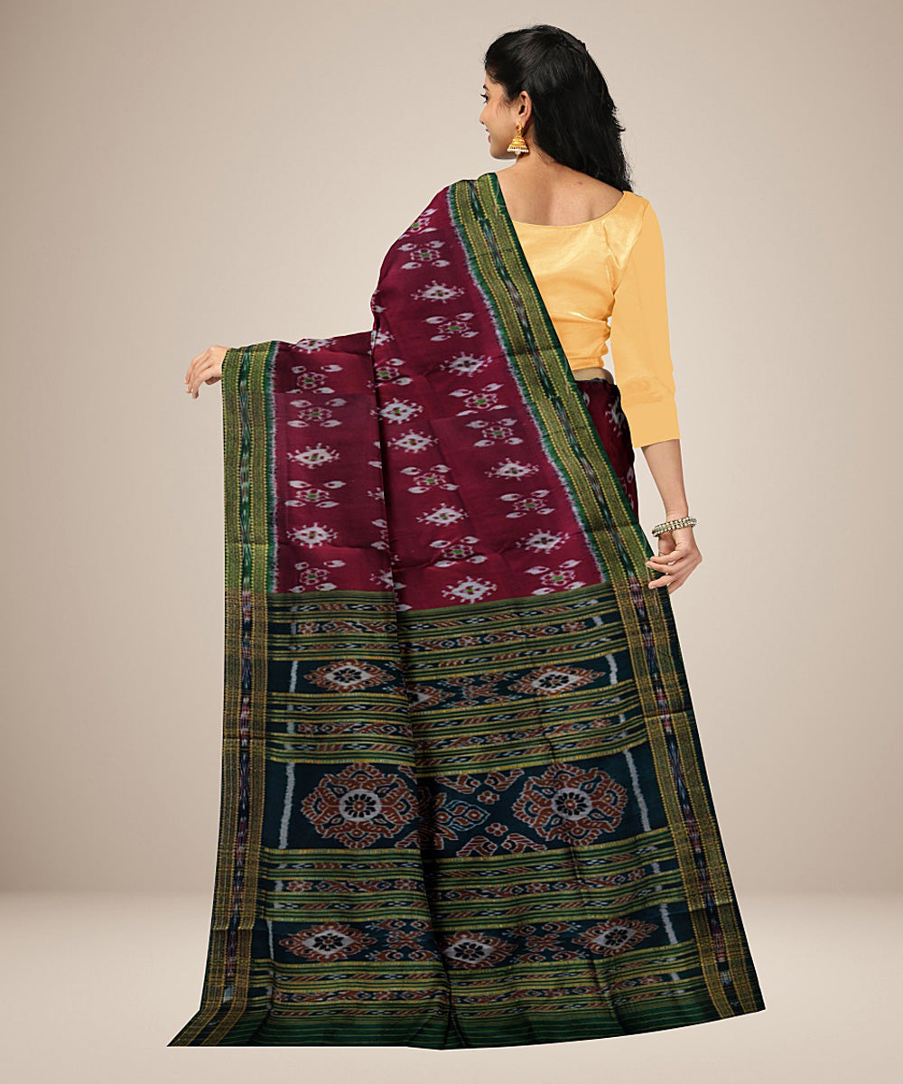 Maroon green silk handwoven khandua saree