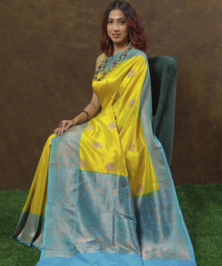 Lemon yellow and blue silk handloom banarasi saree