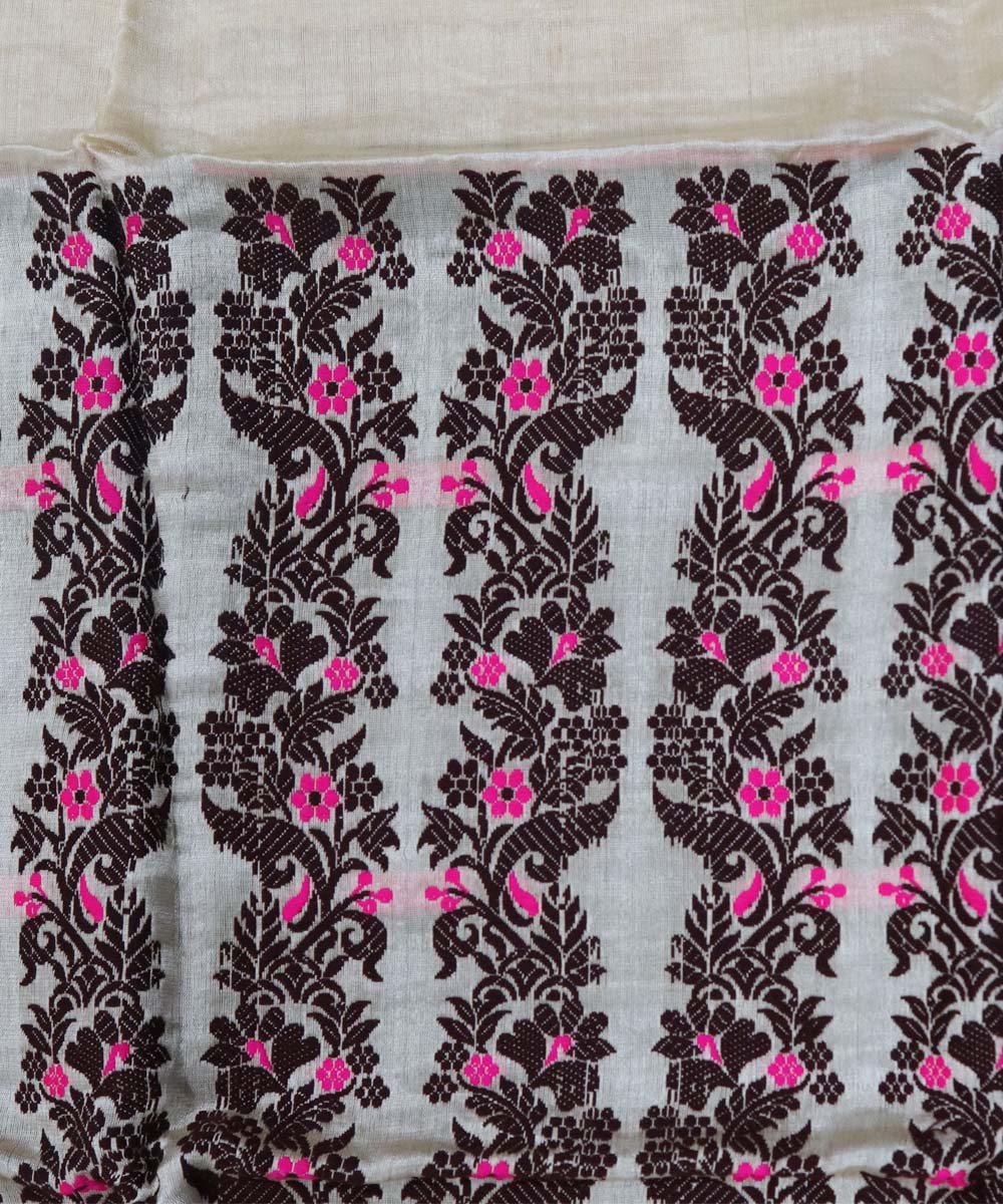 White black raw silk handwoven assam mekhela chador