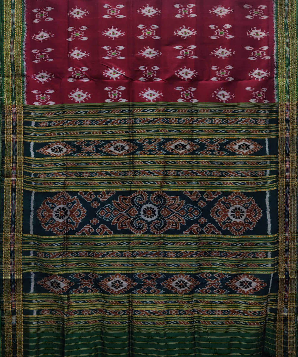 Maroon green silk handwoven khandua saree