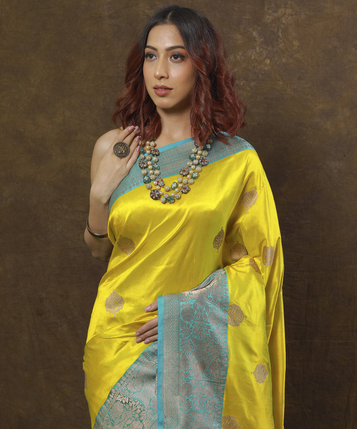 Lemon yellow and blue silk handloom banarasi saree