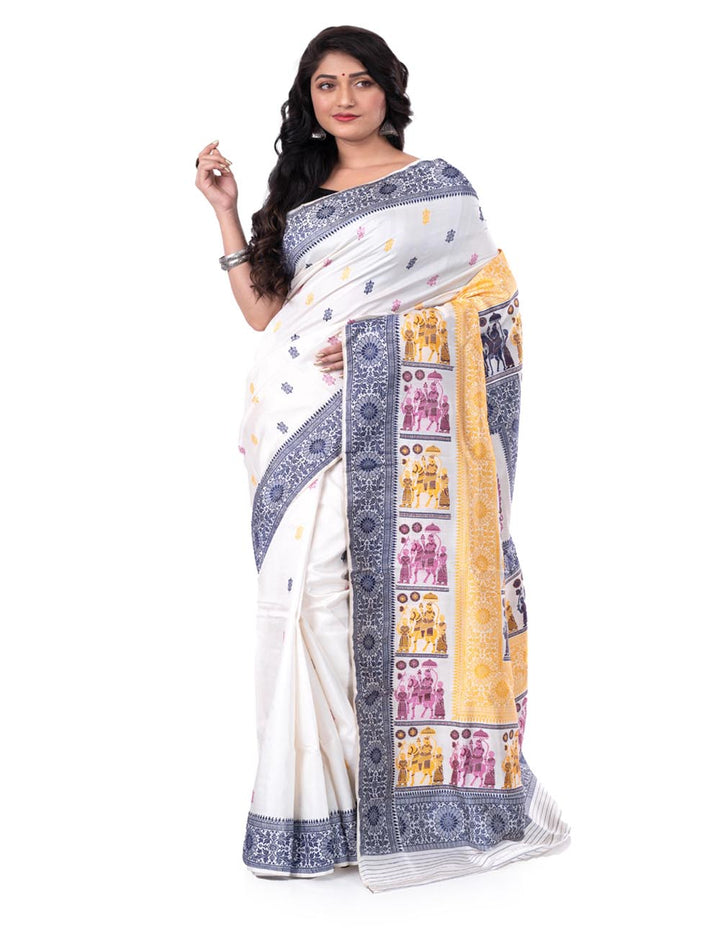 White multicolor handwoven malda silk swarnachari baluchari saree