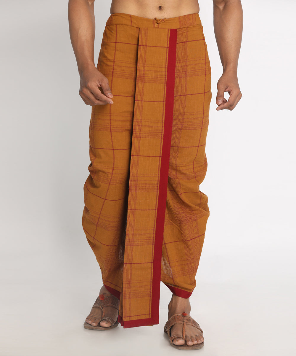 Brown cotton checks ready to wear stitched dhoti