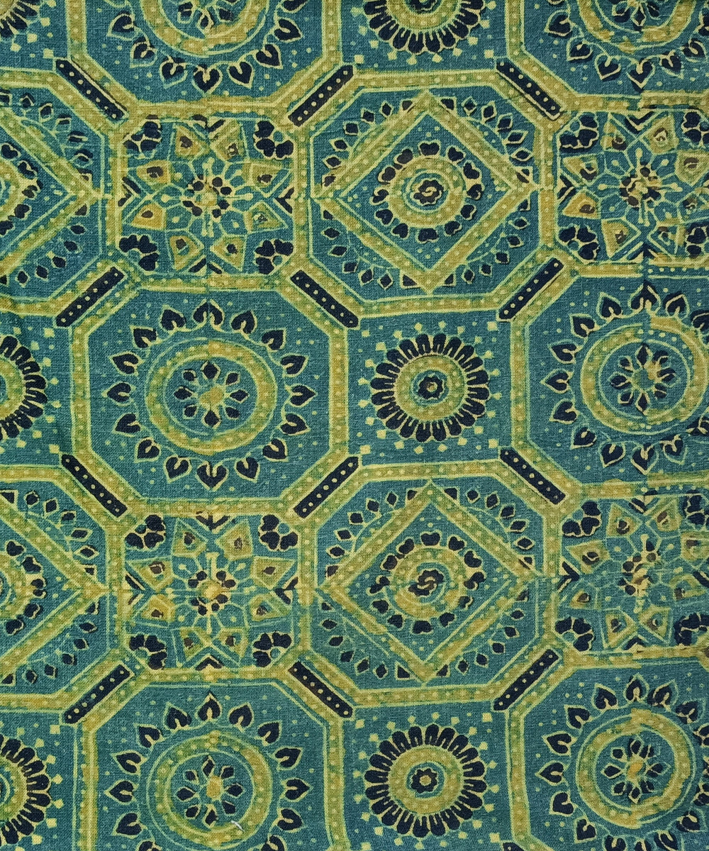 2.5m Green yellow ajrakh print handspun hand woven cotton kurta fabric